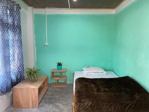 1 dormitorio con cama y pared azul en Live in Nature en Darjeeling