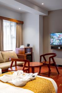 a living room with a couch and a tv at Palcastle Regency in Palakkad