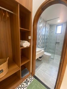 a bathroom with a shower and a toilet and a mirror at Emirate Villa Mui Ne in Mui Ne