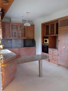 a kitchen with wooden cabinets and a granite counter top at ΠΟΛΥΤΕΛΗΣ ΒΙΛΑ 8 - 10 ΑΤΟΜΩΝ ΣΤΗΝ ΠΕΡΙΟΧΗ ΑΕΡΟΔΡΟΜΙΟΥ ΘΕΣΣΑΛΟΝΙΚΗΣ in Livadákion