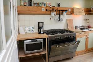 a kitchen with a stove and a microwave at Le pied-à-terre du botaniste in Hauteville-Lompnes