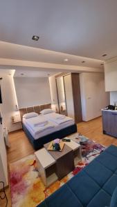 亞霍里納的住宿－Apartman 506 Aparthotel Zlatni Javor，大房间设有两张床和一张沙发