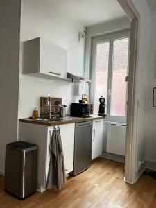 - une cuisine avec un évier et un comptoir dans l'établissement Beau studio cosy et meublé Loos lez Lille, France, à Loos