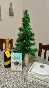 a christmas tree next to a bottle of wine and a book at Parvis home in Brindisi
