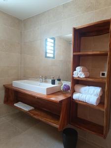 La salle de bains est pourvue d'une baignoire, d'un miroir et de serviettes. dans l'établissement AU JASMIN DE NUIT, à La Plaine-des-Palmistes