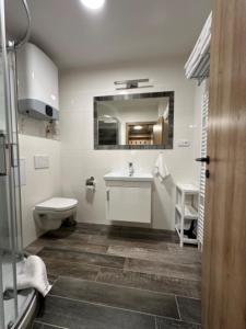 a bathroom with a sink and a toilet and a mirror at Apartmány VESNA in Nova Ves nad Nisou