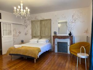 1 dormitorio con 1 cama, 1 silla y 1 lámpara de araña en LE REPAIRE gîte 4 étoiles, en Chasseneuil-du-Poitou
