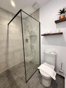 a bathroom with a shower and a toilet at Ononui Lodge Airport, Ocean-View, Private Bathroom and Balcony, Free WiFi and Parking, On-Site Car Rental in Faaa