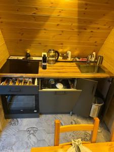 eine Küche mit einer Spüle und einer Arbeitsplatte in der Unterkunft Viktorija chalet in Kopaonik
