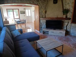 un salon avec un canapé bleu et une télévision dans l'établissement Appartement cozy 100m2 dans chalet savoyard, à Magland