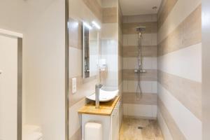 een badkamer met een wastafel en een douche bij Tranquilis - Studio hypercentre terrasse parking in Reims