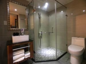a bathroom with a shower with a toilet and a sink at Paris Business Hotel in Kaohsiung