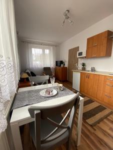 een keuken en een woonkamer met een tafel in een kamer bij Pokoje Pod Kasztanami Jantar in Jantar