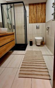 uma casa de banho com um chuveiro, um WC e um tapete em Royal 111 em Kolobrzeg