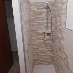 a shower in a bathroom with a brick wall at Da Debbyquattro in Pisa