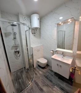y baño con ducha, aseo y lavamanos. en Villa Ivan, en Dubrovnik