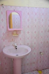 bagno con lavandino e specchio rosa di Hotel Nirmani a Anuradhapura