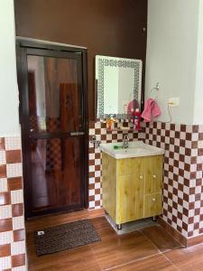 een badkamer met een wastafel en een douche met een spiegel bij HOMESTAY PALAMPUR VIEW in Pālampur