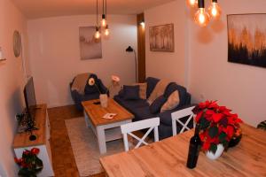 a living room with a couch and a table at Mina Apartment in Skopje