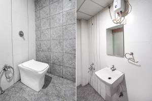 two pictures of a bathroom with a toilet and a sink at FabExpress The Rawal Palace in Surat