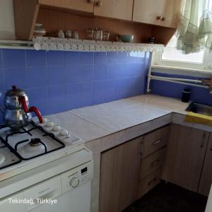 a small kitchen with a stove and blue tiles at Sultanköy Apart in Marmaraereglisi