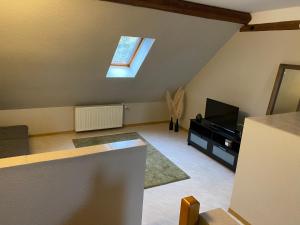 a living room with a television and a skylight at Les pampas in Montbronn