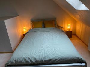 a bedroom with a large bed with two lights on it at Les pampas in Montbronn