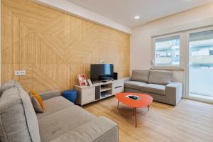 a living room with two couches and a tv at Setubal Horizon Apartment in Setúbal