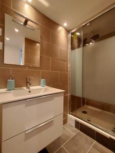 a bathroom with a sink and a shower at Chic and comfortable apart near Paris in Colombes