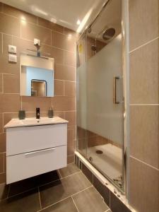 y baño con lavabo y ducha. en Chic and comfortable apart near Paris, en Colombes