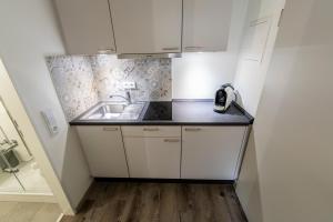 a small kitchen with a sink and a counter at Hökis-Zimmervermietung 9 mit Küchenzeile in Brande-Hörnerkirchen