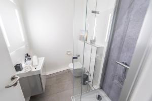 a bathroom with a shower and a toilet and a sink at Hökis-Zimmervermietung 9 mit Küchenzeile in Brande-Hörnerkirchen +1 photo