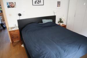 - une chambre avec un grand lit et une couverture bleue dans l'établissement Appartement 2 chambres grande terrasse centre de Bruxelles, à Bruxelles