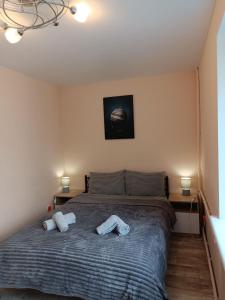 um quarto com uma cama com duas toalhas em Апартаменти центр біля озера em Ternopilʼ