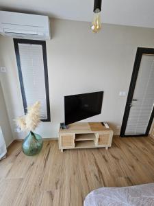 een woonkamer met een flatscreen-tv en een tafel bij The Pool house in La Farlède