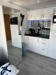 une cuisine avec des armoires blanches et une poubelle bleue dans l'établissement Premium Hausboot Trave Traum, à Lübeck