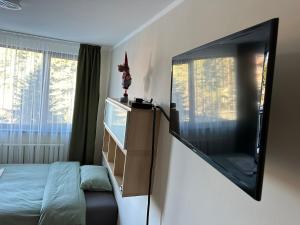 a bedroom with a bed and a mirror on the wall at Borovets Gardens Funky Fresh Studio by Joro in Borovets