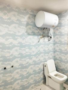 a bathroom with a toilet and clouds on the wall at Sheraz Guest House Ziran Gulmarg in Gulmarg