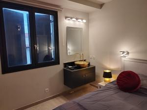 1 dormitorio con cama, lavabo y ventana en Appartement Luxe dans Villa Borghese La Boisse, en La Boisse