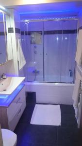 uma casa de banho com uma banheira, um lavatório e um chuveiro em Semmering Studio-Apartment em Semmering