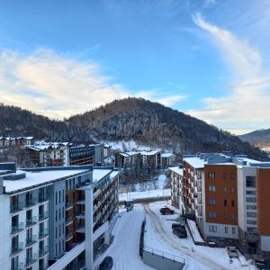 an aerial view of a city in the snow at Orbi Palace Hotel Official in Bakuriani