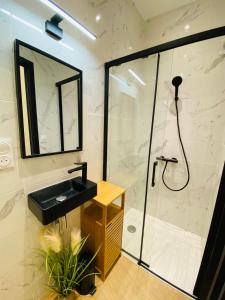 a bathroom with a black sink and a shower at Studio avec terrasse centre historique in Périgueux +3 photos