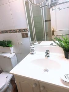 a bathroom with a sink and a toilet and a mirror at Departamento Reñaca in Viña del Mar