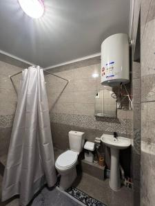 bagno con servizi igienici e lavandino di Sayak hostel a Karakol