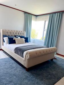 1 dormitorio con 1 cama grande y cortinas azules en BellMatt - Table Mountain and Ocean View Guests Suites, en Ciudad del Cabo
