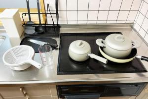 a stove top with two pots and pans on it at Furano BLUE STAR Ⅲ 