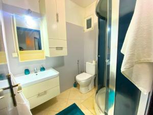 La salle de bains est pourvue de toilettes, d'un lavabo et d'une douche. dans l'établissement Cosy greeny near PAUL harhoura, à Harhoura