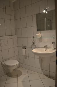 a white bathroom with a toilet and a sink at Eggersheimer Hof in Nörvenich