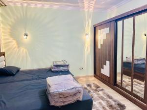 um quarto com uma cama e um espelho em Modern Comfy Flat no Cairo