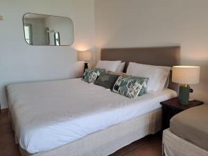 ein Schlafzimmer mit einem großen weißen Bett mit Kissen in der Unterkunft VUE MER Site paradisiaque Superbe décoration in Sainte-Luce